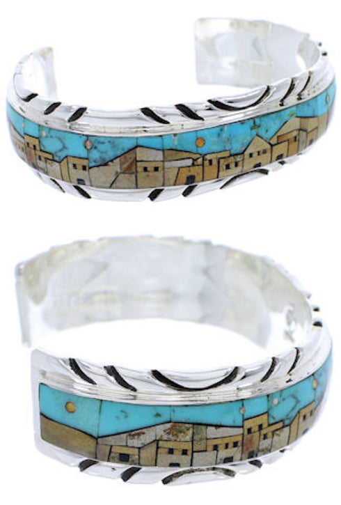 Native American Village Design Multicolor Silver Cuff Bracelet MW75559